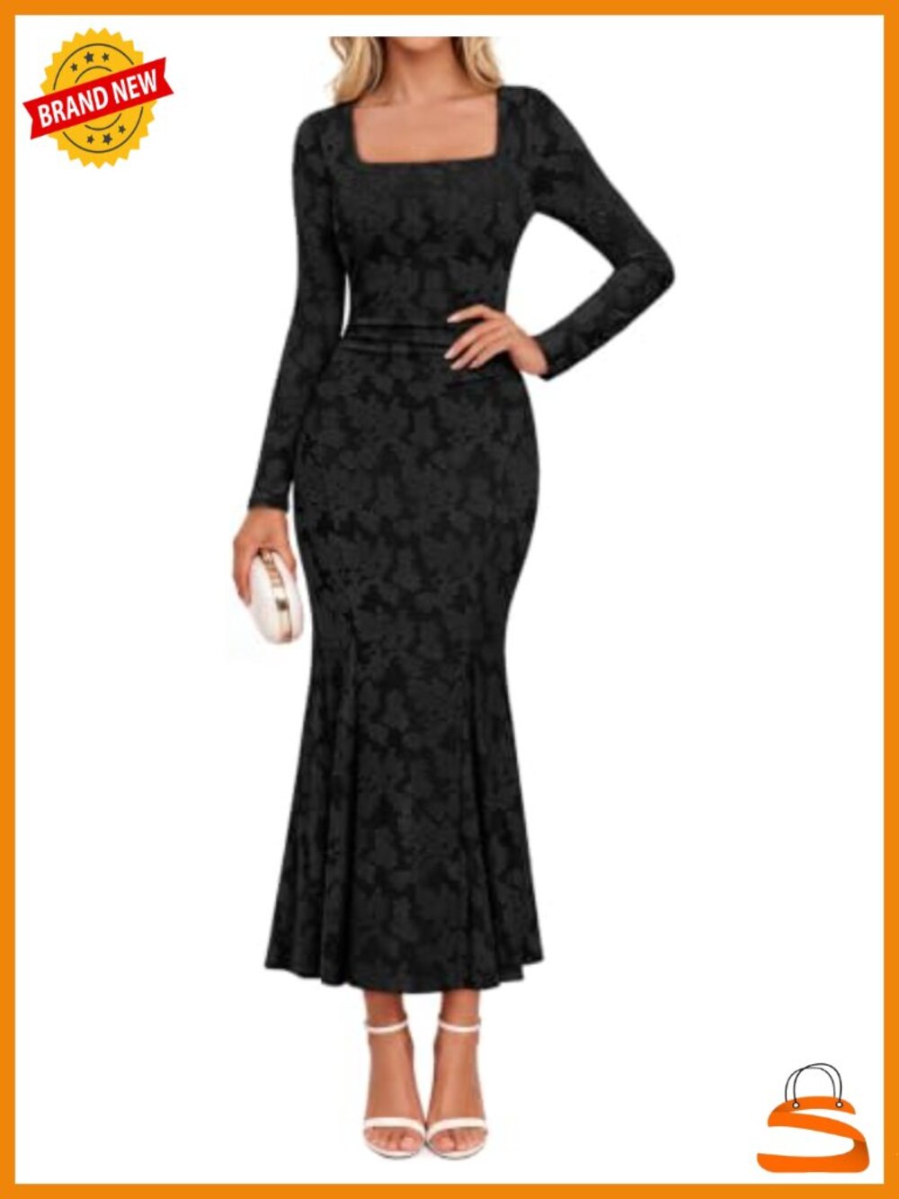 Womens Square Neck Mermaid Maxi Dress Floral Jacquard Semi Formal